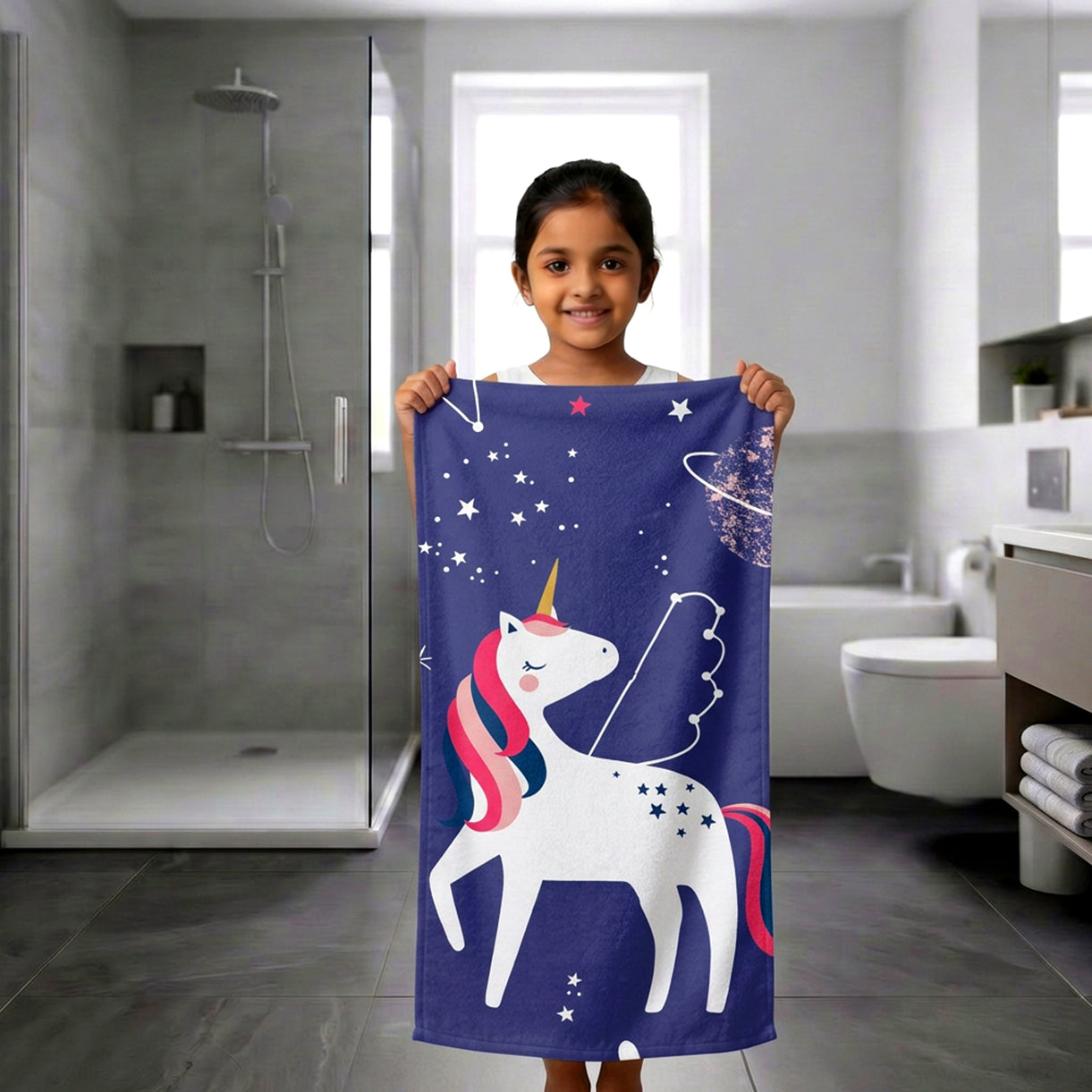 Kids 350 GSM Cotton Bath Towel | Space Unicorn Print