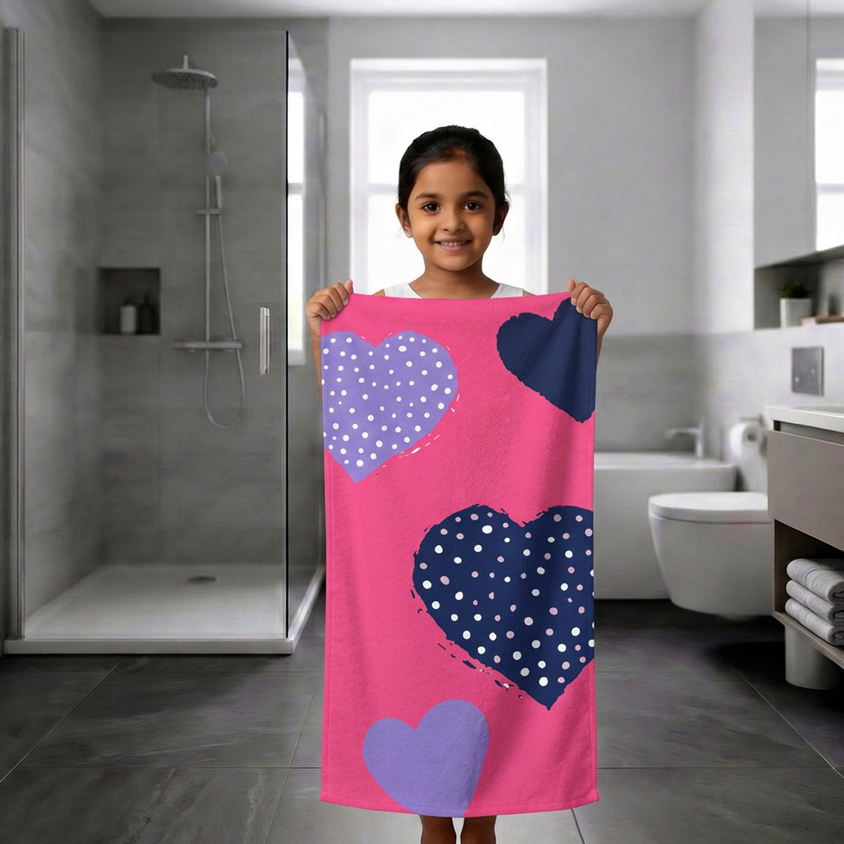 Kids 350 GSM Cotton Bath Towel | Hearts Print