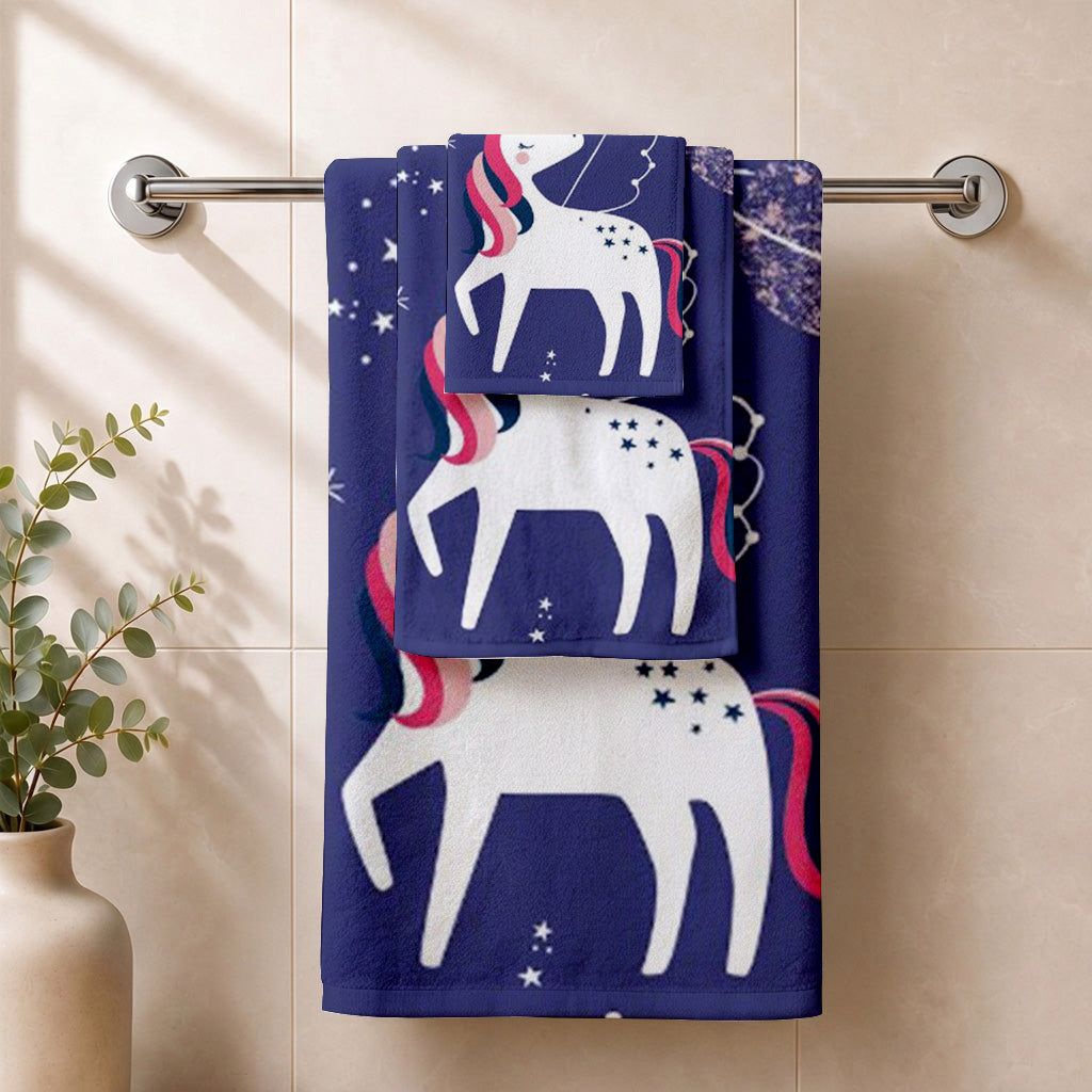 Kids 350 GSM Cotton Bath, Hand & Face Towel Set | Space Unicorn Print