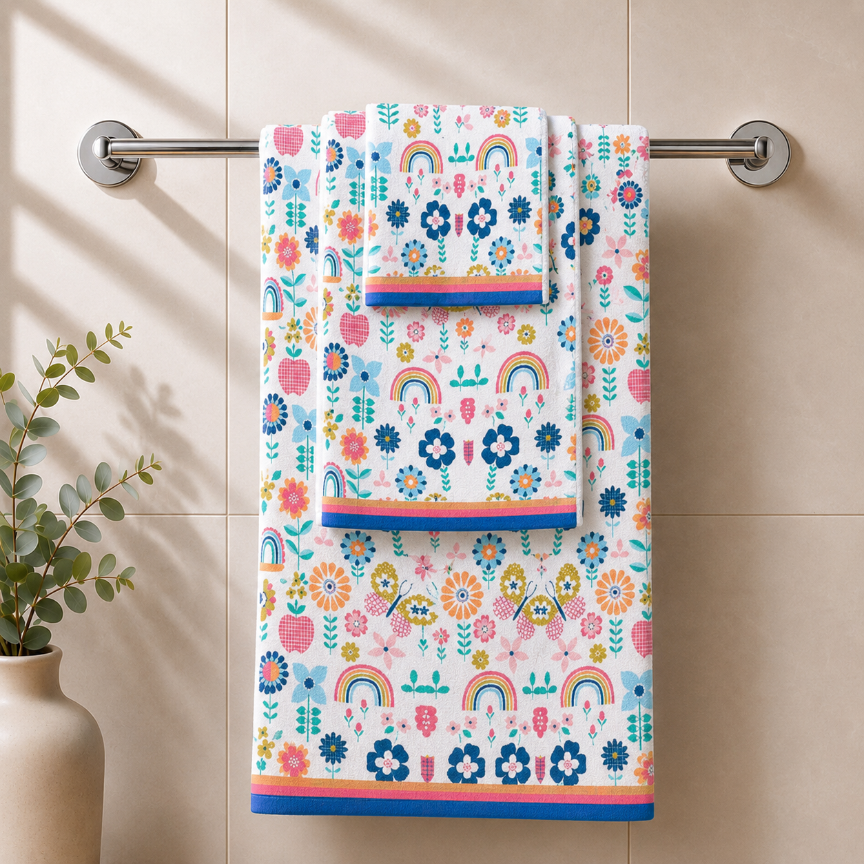 Kids 350 GSM Cotton Bath, Hand & Face Towel Set | Flower Garden Print