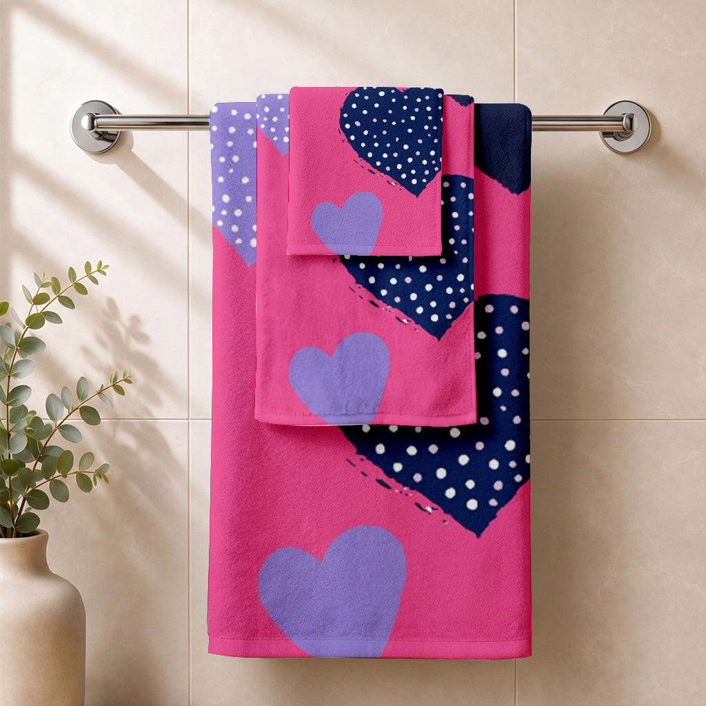 Kids 350 GSM Cotton Bath, Hand & Face Towel Set | Hearts Print