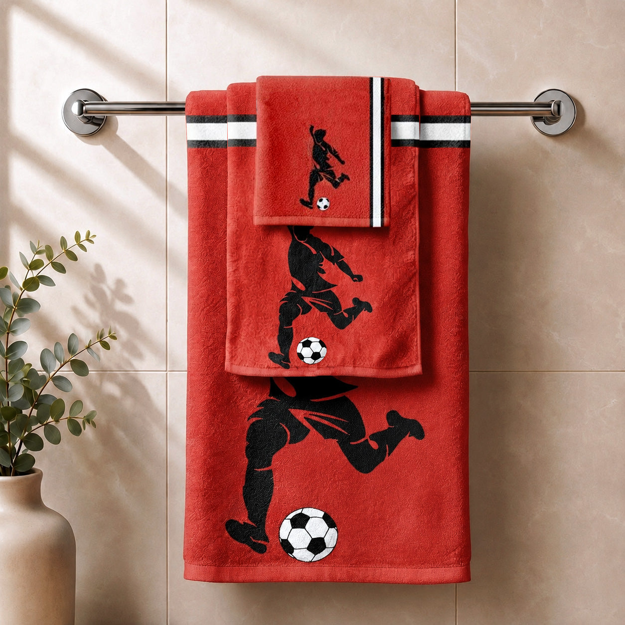 Kids 350 GSM Cotton Bath, Hand & Face Towel Set | Freestyle Football Red Print