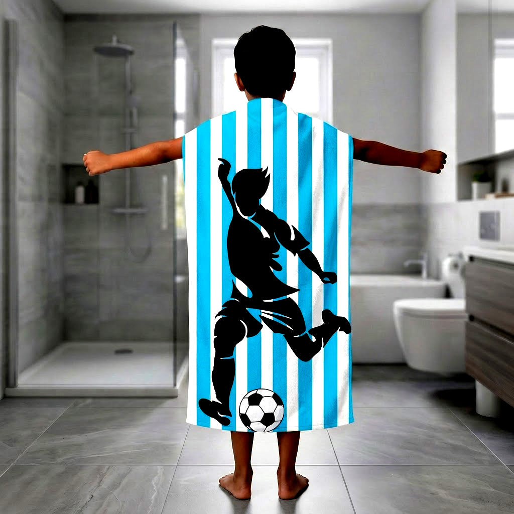 Kids 350 GSM Cotton Bath Towel | Freestyle Football Blue Stripe Print