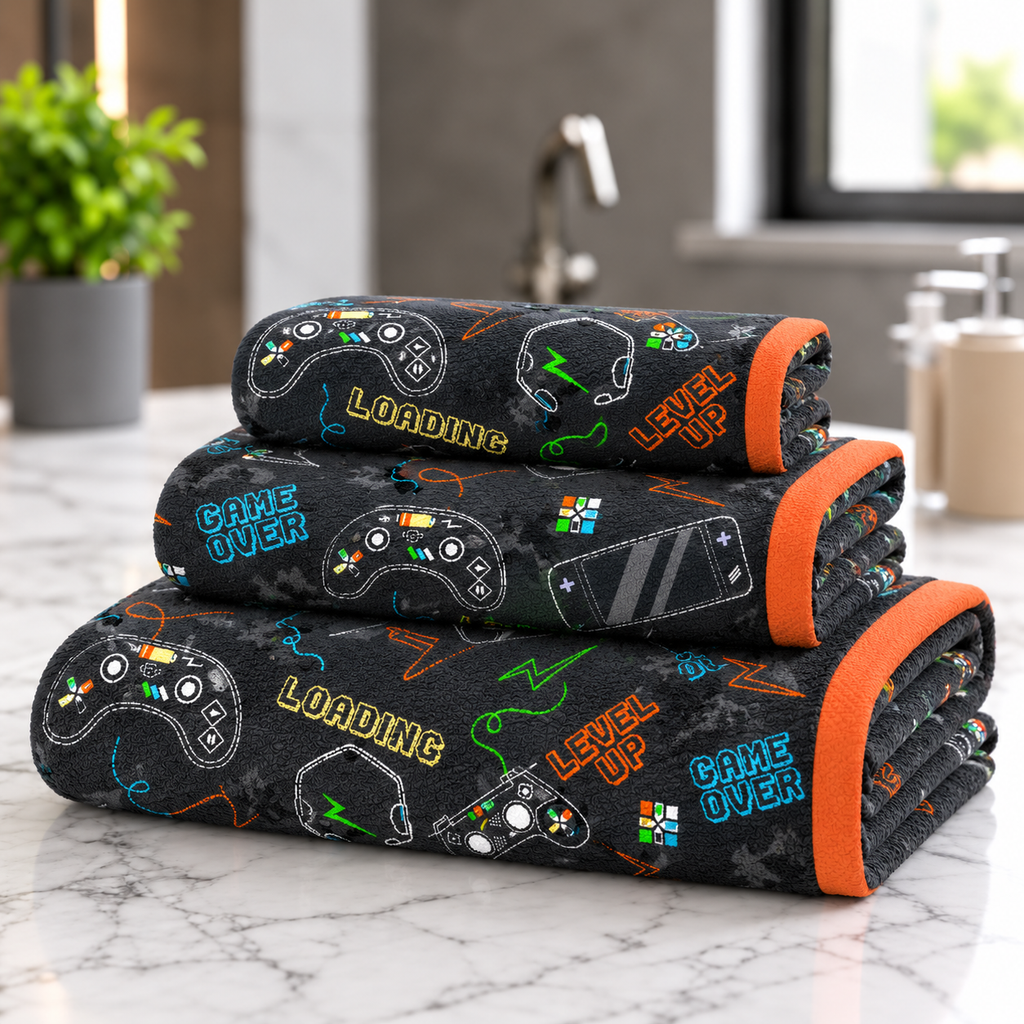 Kids 350 GSM Cotton Bath, Hand & Face Towel Set | Gaming Print