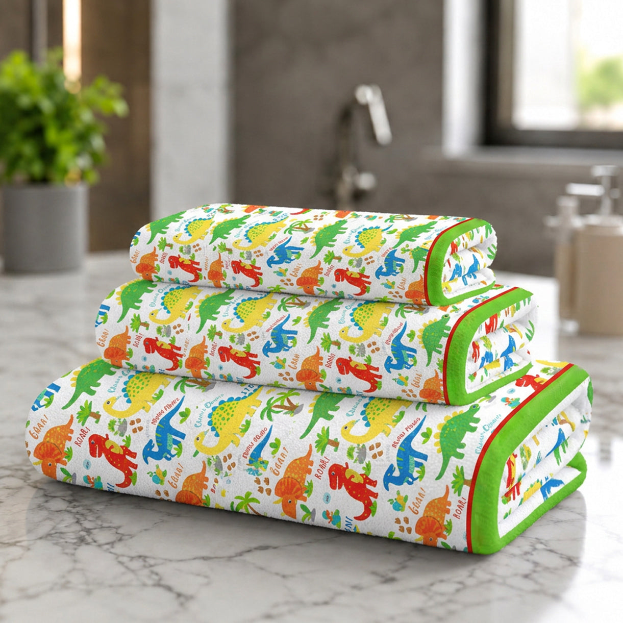 Kids 350 GSM Cotton Bath, Hand & Face Towel Set | Dinky Dino Print