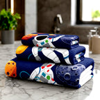 Kids 350 GSM Cotton Bath, Hand & Face Towel Set | Space Explore Print
