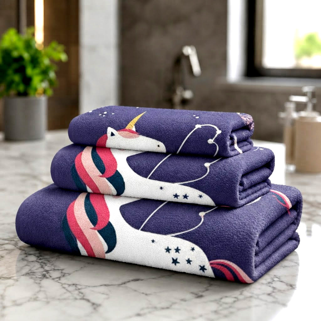 Kids 350 GSM Cotton Bath, Hand & Face Towel Set | Space Unicorn Print