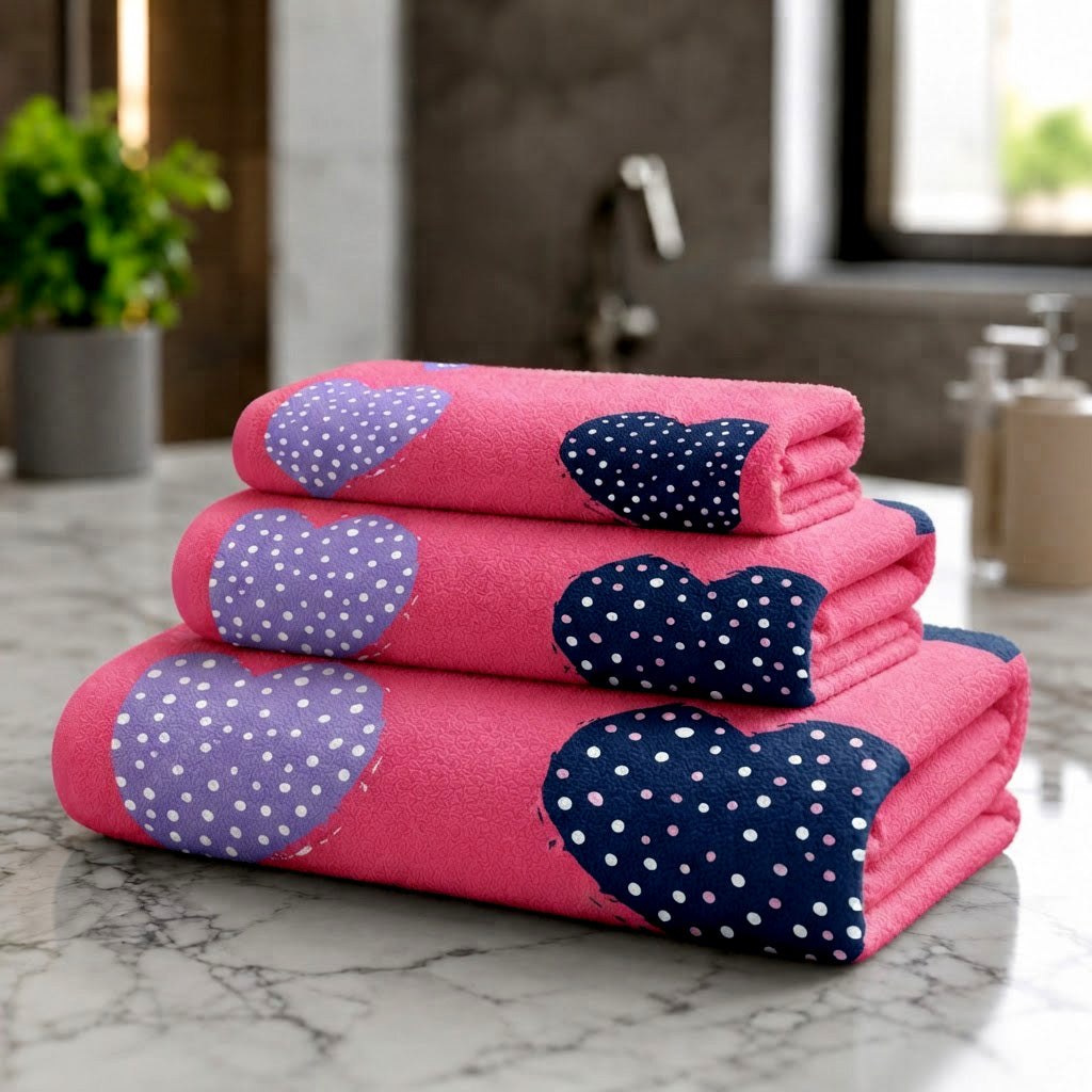 Kids 350 GSM Cotton Bath, Hand & Face Towel Set | Hearts Print