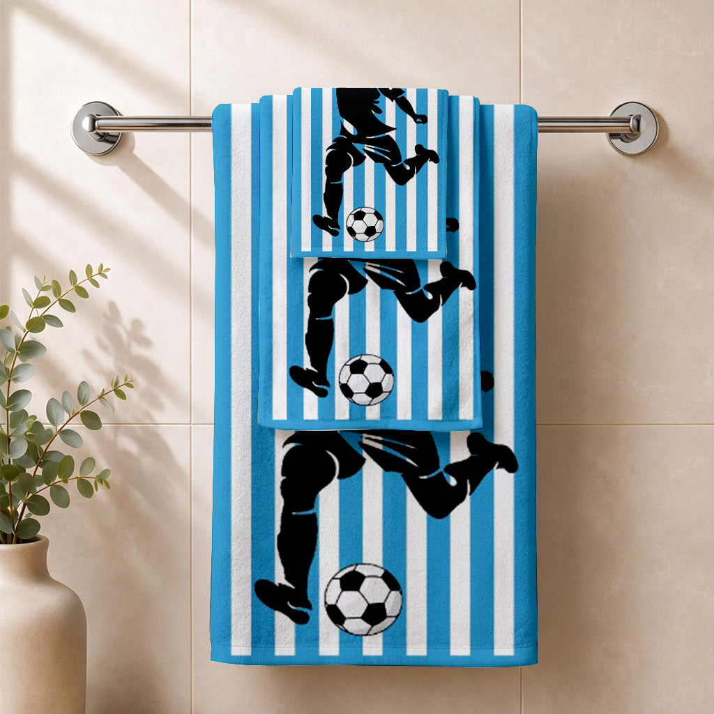 Kids 350 GSM Cotton Bath Towel | Freestyle Football Blue Stripe Print