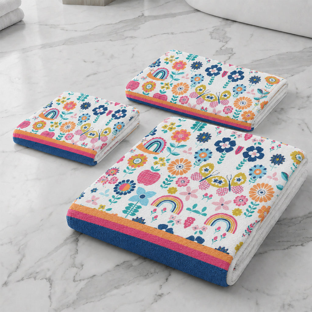 Kids 350 GSM Cotton Bath, Hand & Face Towel Set | Flower Garden Print