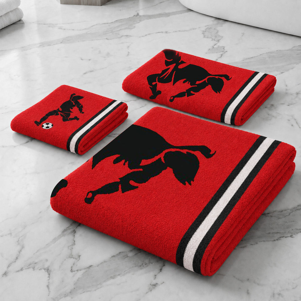 Kids 350 GSM Cotton Bath, Hand & Face Towel Set | Freestyle Football Red Print