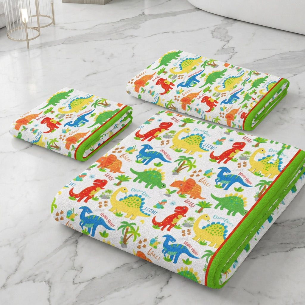 Kids 350 GSM Cotton Bath, Hand & Face Towel Set | Dinky Dino Print