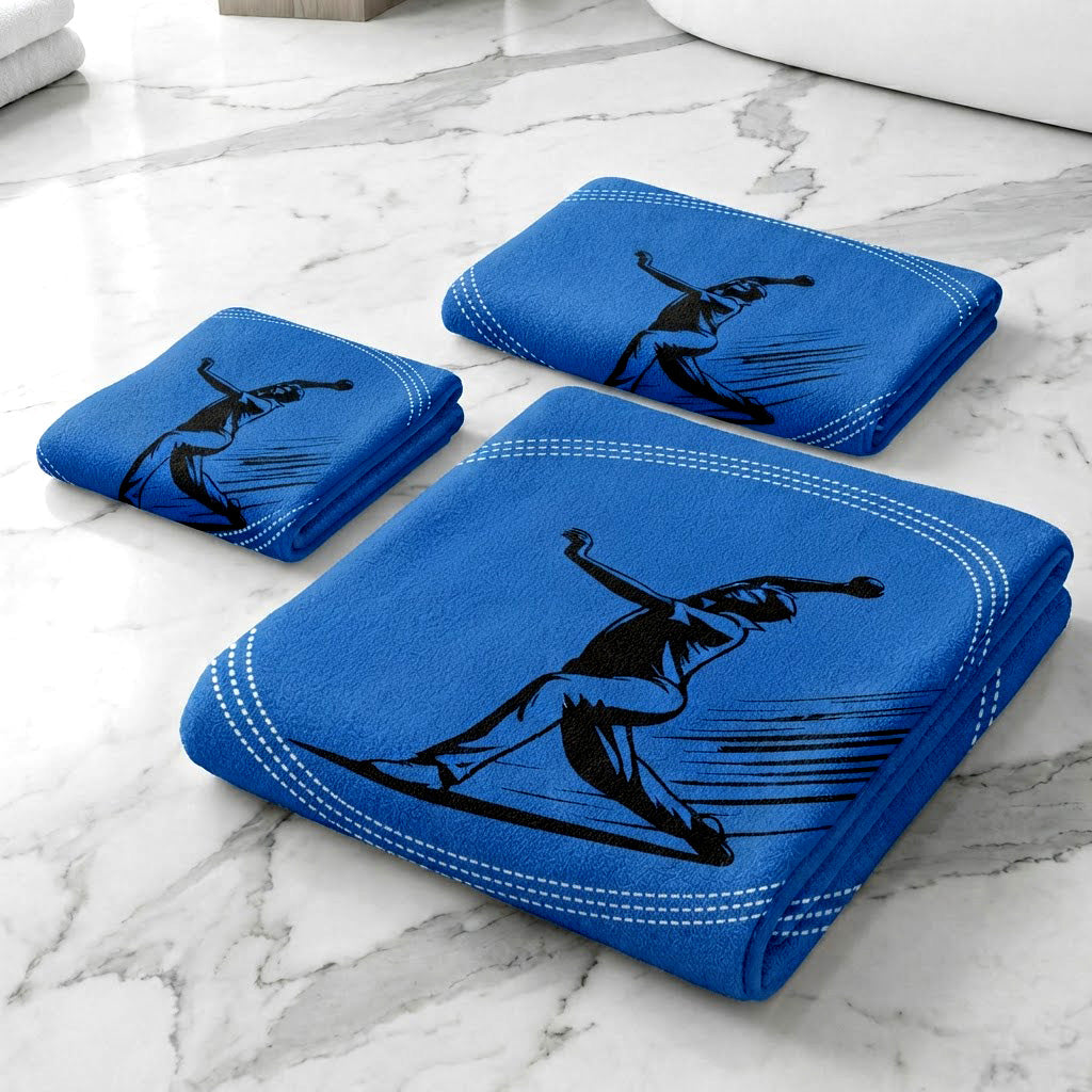 Kids 350 GSM Cotton Bath, Hand & Face Towel Set | Cricket Bowler Print