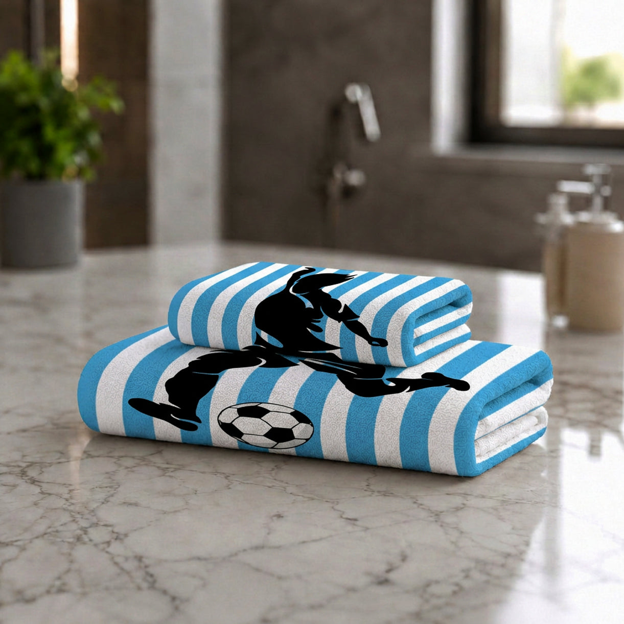 Kids 350 GSM Cotton Face Towel | Freestyle Football Blue Stripe Print