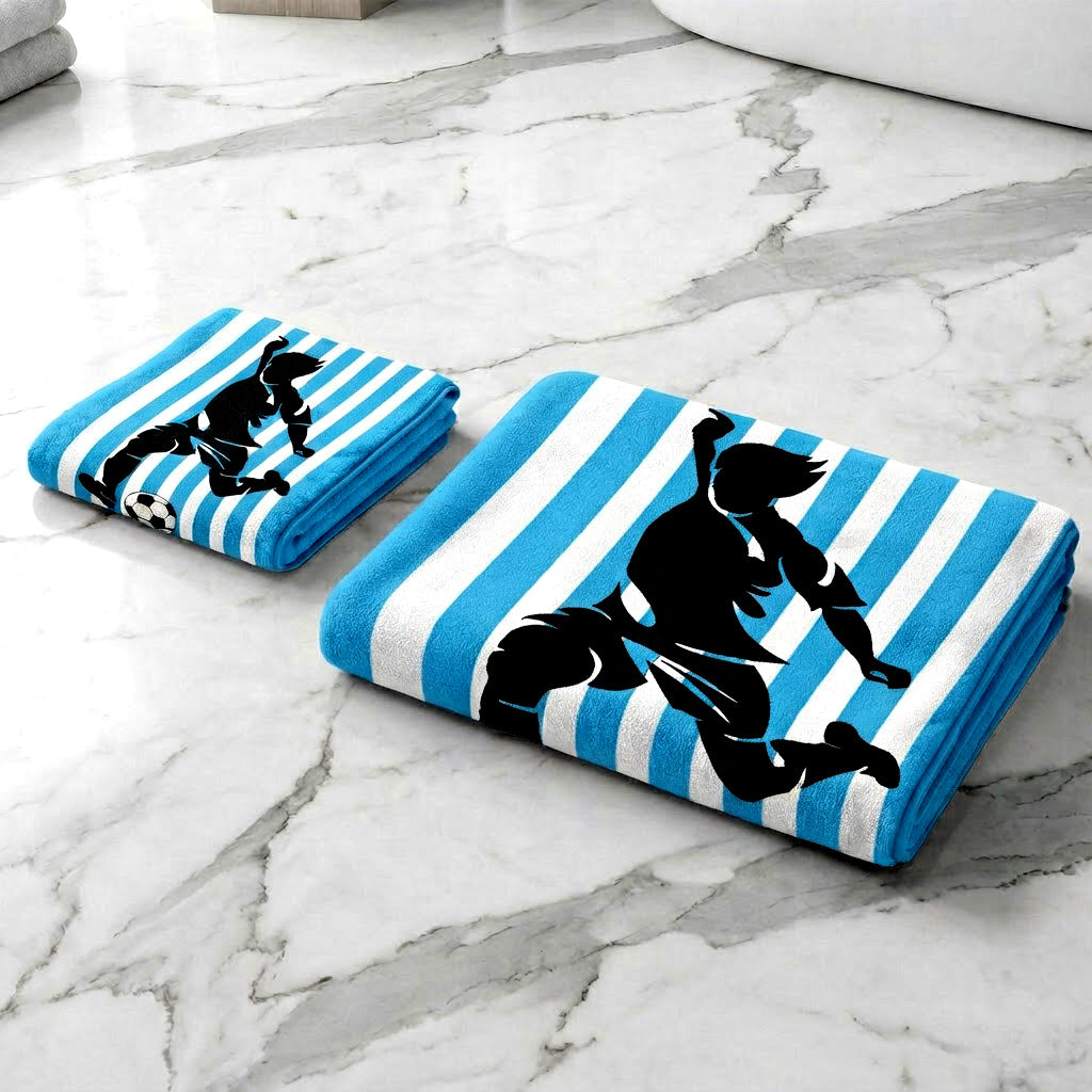 Kids 350 GSM Cotton Face Towel | Freestyle Football Blue Stripe Print