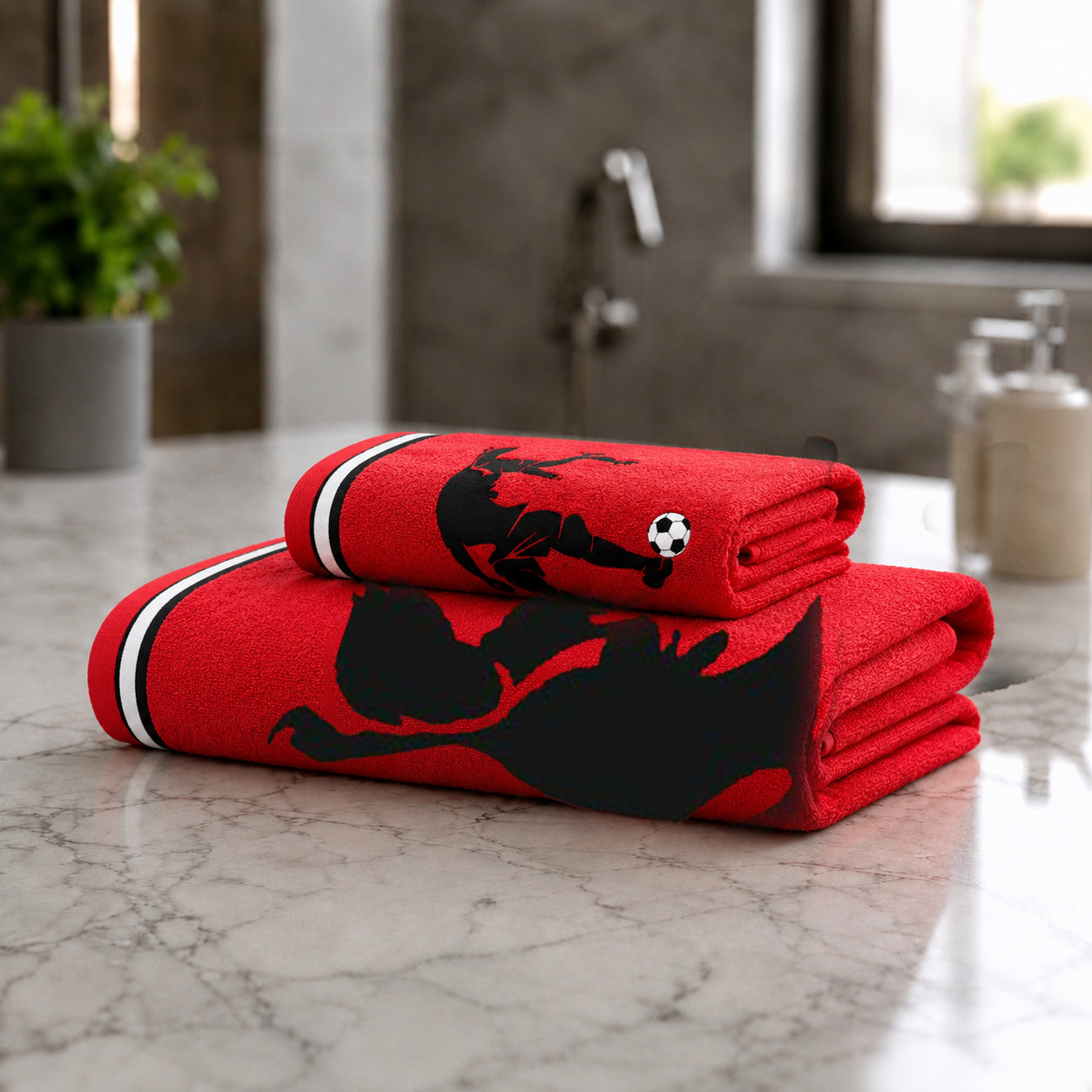 Kids 350 GSM Cotton Face Towel | Freestyle Football Red Print